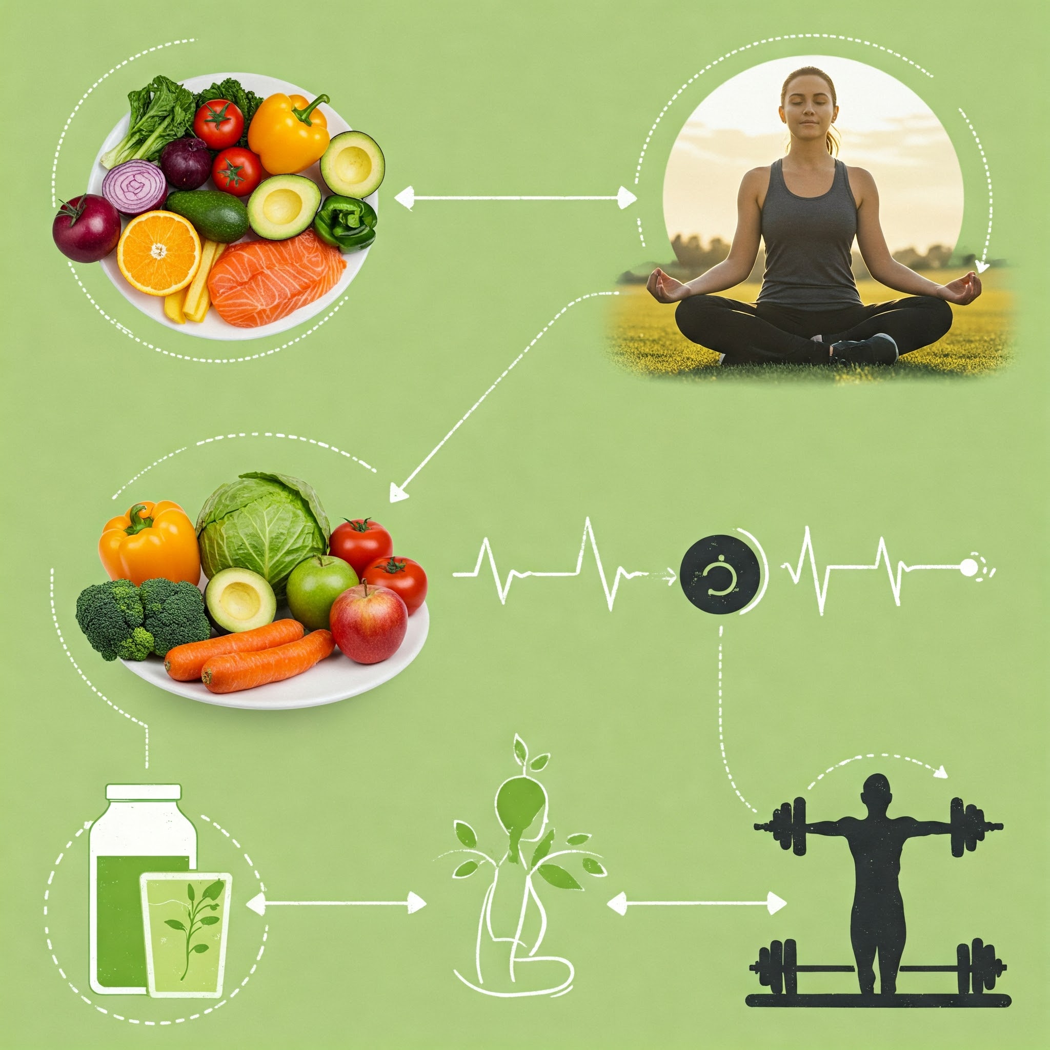 Wellness lifestyle image showing nutrition, meditation, and fitness